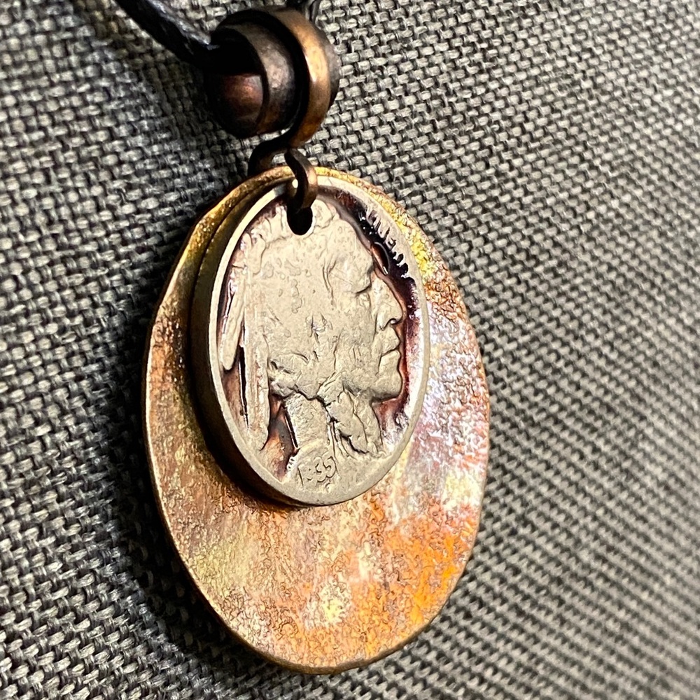1935 Buffalo Nickel Necklace | Vintage Coin Jewelry | Patinated Copper Pendant - Picture 3 of 8